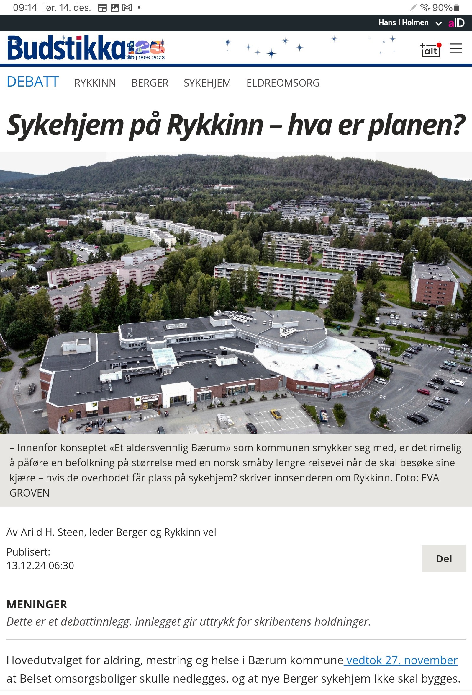 Hva er planen for sykehjem på og rundt Rykkinn?